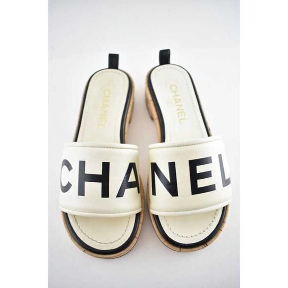 Chanel 19S Ivory Black Letter CC Logo Cork Mules Slide Sandal Flop Flat 35c - Picture 5 of 12